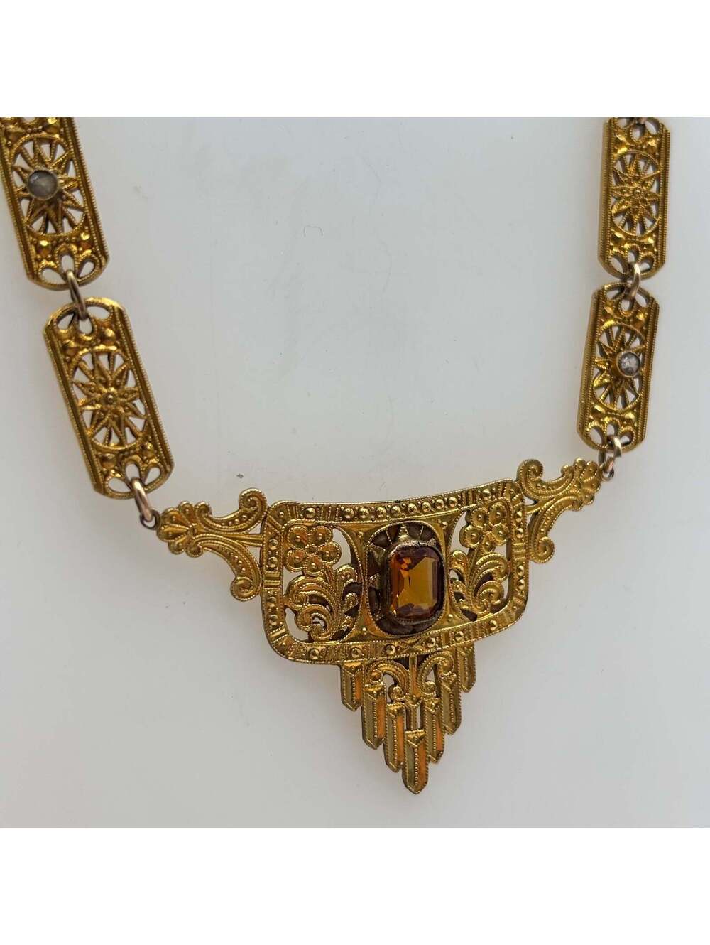 Birks Art Deco Filigree Statement Necklace Amber Crystal - Picture 3 of 7